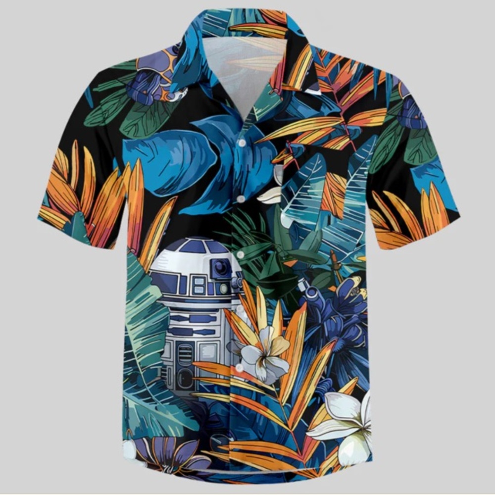 Robot Hawaiian Leaves Star Wars R2D2 Tropical Button Up Pocket Shirt Medium